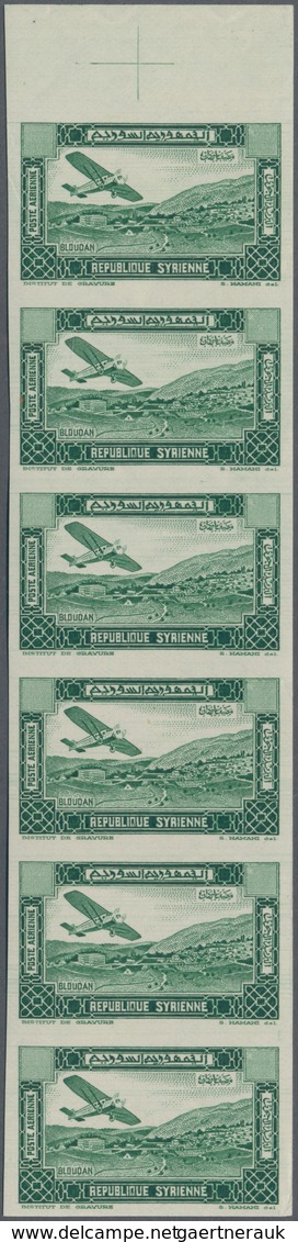 Syrien: 1934, Airmails 1pi. Green With Blank Value Field And Imperforate, Marginal Block Of Eight An - Syrie