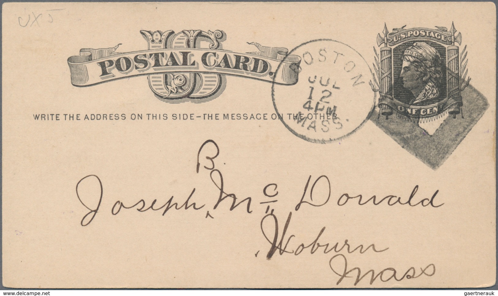 Vereinigte Staaten Von Amerika - Ganzsachen: 1878/82, Stationery Card 1 C. Black With Boston Duplex - Autres & Non Classés