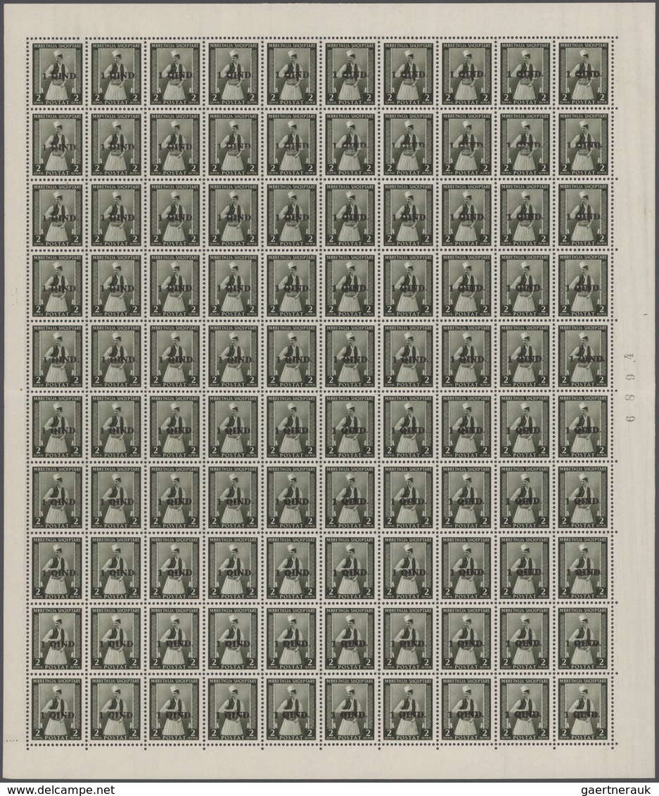 Albanien: 1942, Overprint 1q. On 2q. Olive, 600 Stamps Within Six Sheets (folded And Margin Partly I - Albania