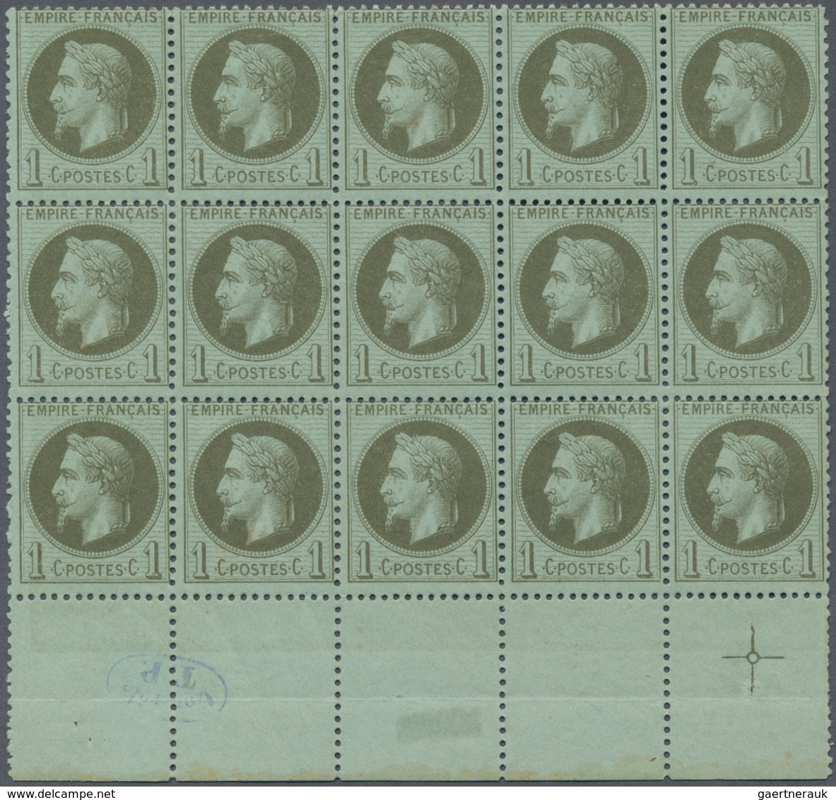 Frankreich: 1871, Napoleon Laure, 1c. Olive On Bluish Green, Bottom Marginal Block Of 15, Mint Never - Collections