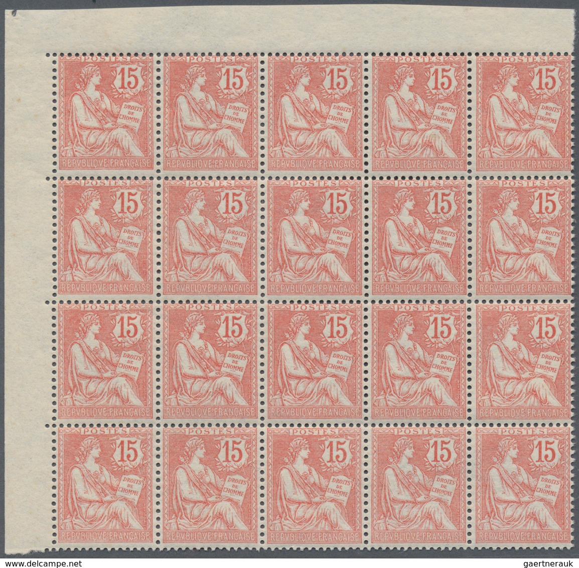 Frankreich: 1902, Mouchon 15c. Vermilion, Marginal Block Of 20, Mint Never Hinged. Maury 125 (20), 1 - Collections