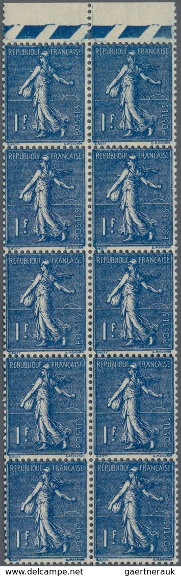 Frankreich: 1928, Semeuse Lignee 1fr. "bleu-noir", Top Marginal Block Of Ten, Mint Never Hinged. Yve - Collections