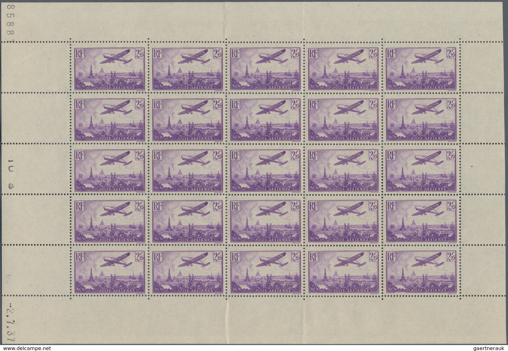 Frankreich: 1936, Airmails, 2.25fr. Violet, Two (folded) Sheets With 25 Stamps Each (coins Dates "13 - Collections