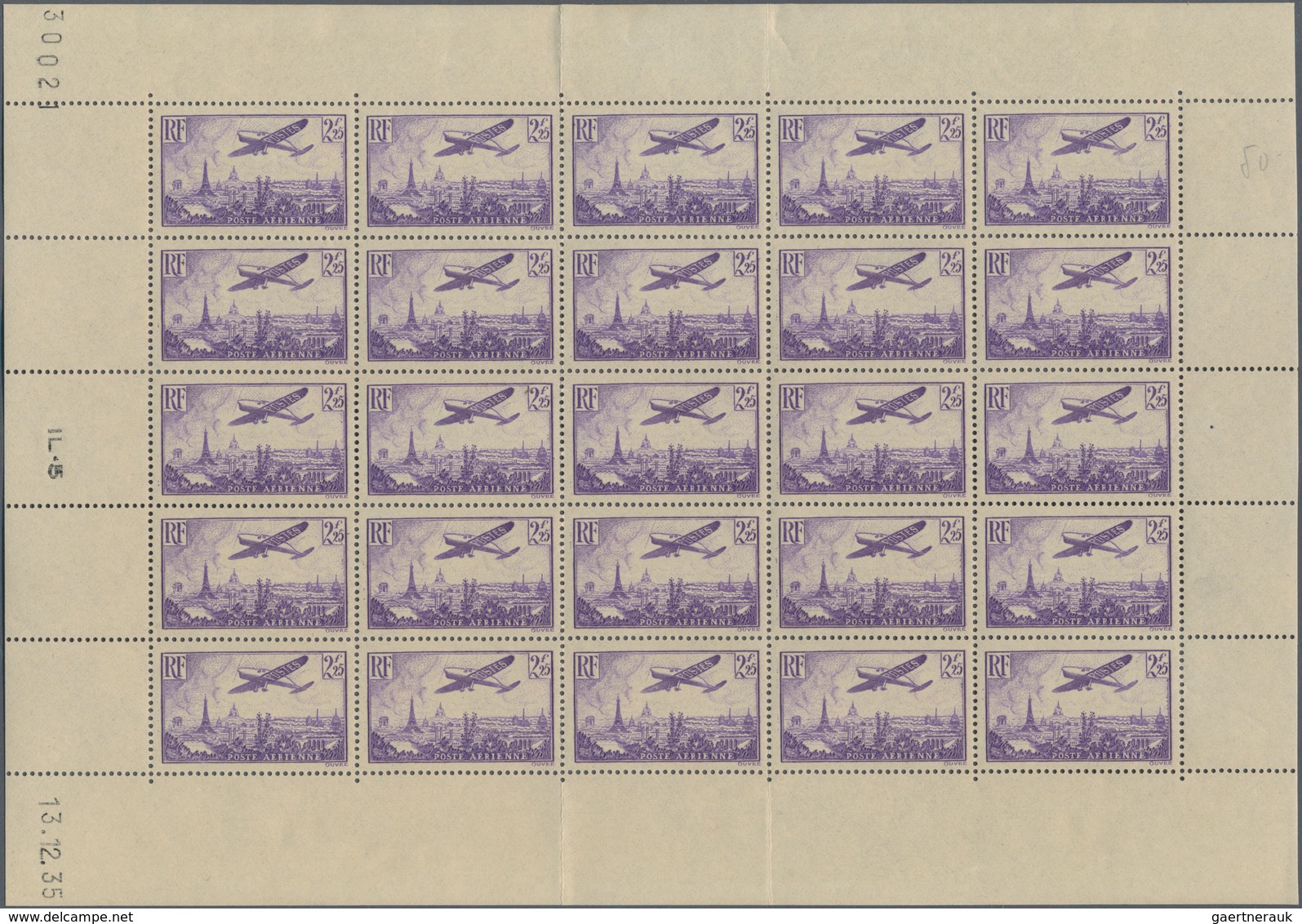 Frankreich: 1936, Airmails, 2.25fr. Violet, Two (folded) Sheets With 25 Stamps Each (coins Dates "13 - Collections
