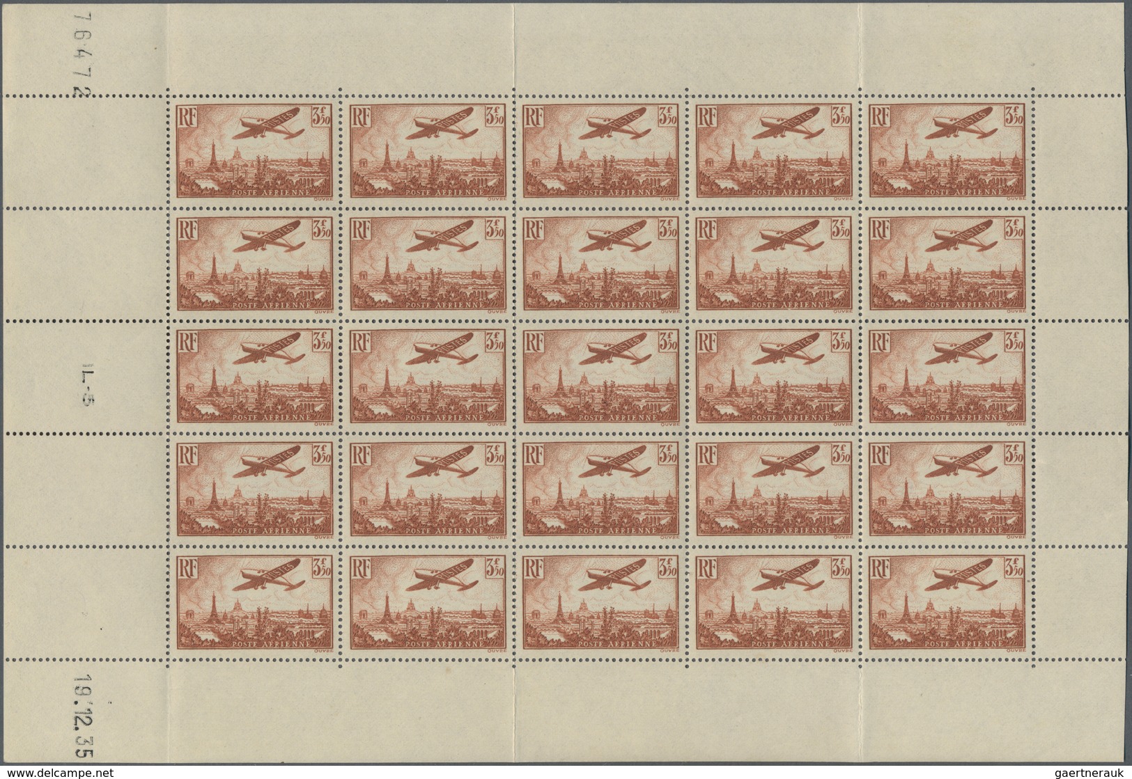 Frankreich: 1936, Airmails, 3.50fr. Yellow-brown, Two (folded) Sheets With 25 Stamps Each (coins Dat - Collections