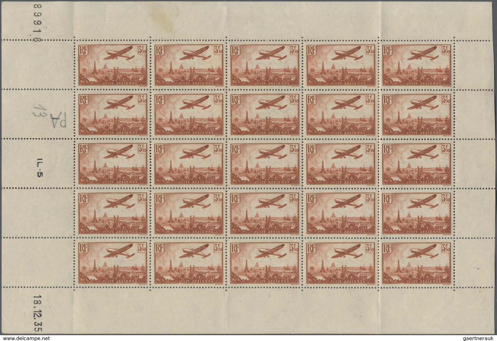 Frankreich: 1936, Airmails, 3.50fr. Yellow-brown, Two (folded) Sheets With 25 Stamps Each (coins Dat - Collections