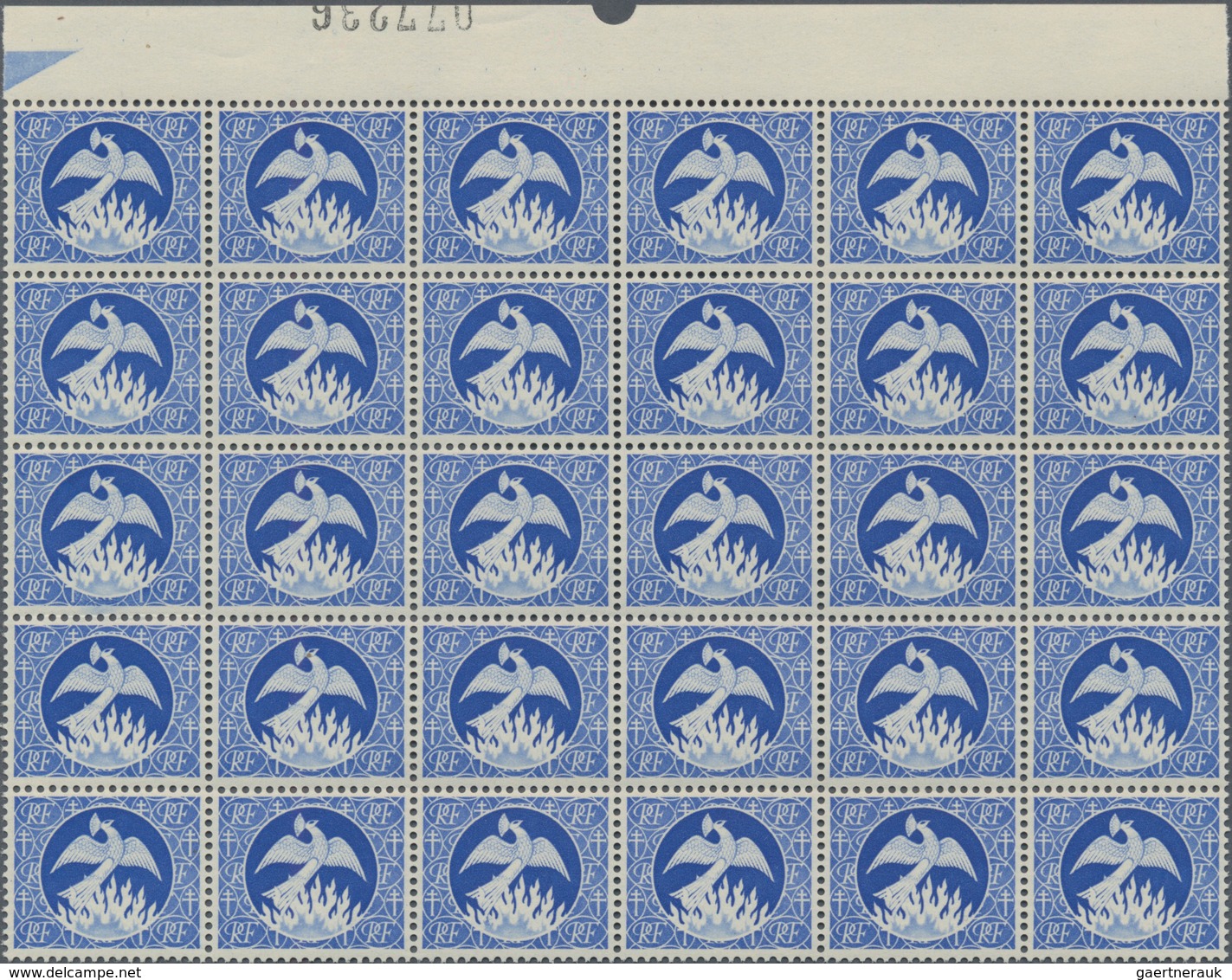 Frankreich: 1945, "Phoenix", Saving/Credit Stamp In Blue Without Value, Top Marginal Block Of 30, Mi - Collections