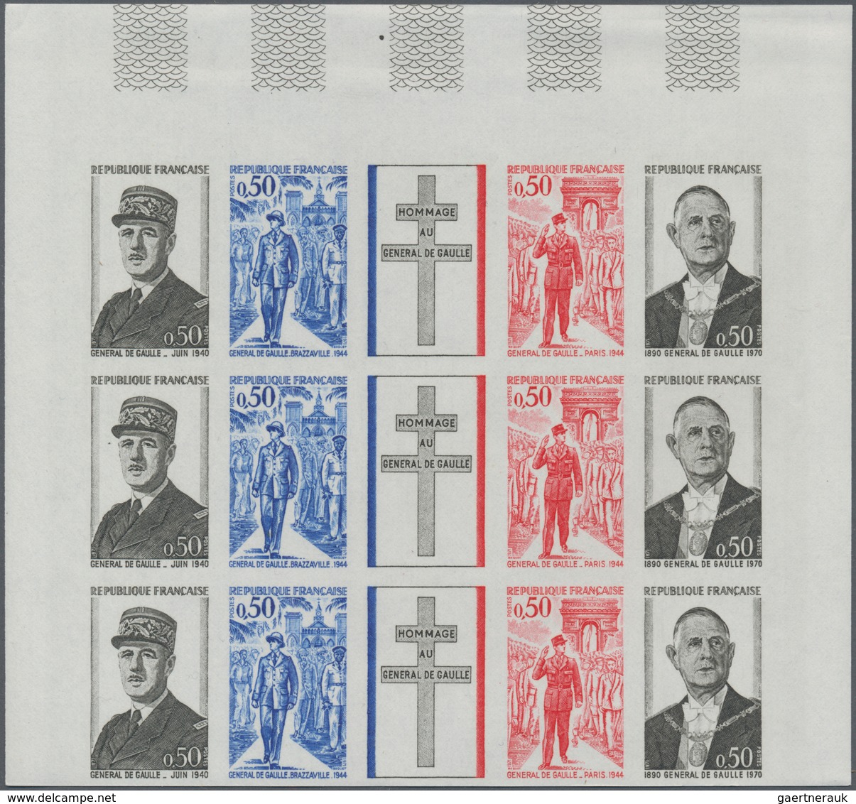 Frankreich: 1971, Death Anniversary Of Gen. Charles De Gaulle, Imperforate Top Marginal Block Of Thr - Collections