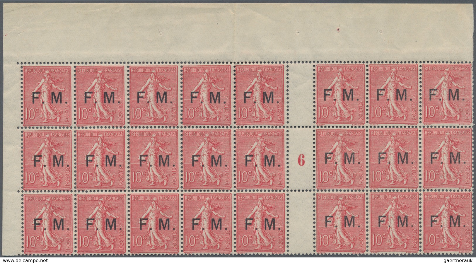 Frankreich - Militärpostmarken: 1906, F.M. Overprint On Semeuse Lignee 10c. Rose, Gutter Block Of 24 - Timbres De Franchise Militaire