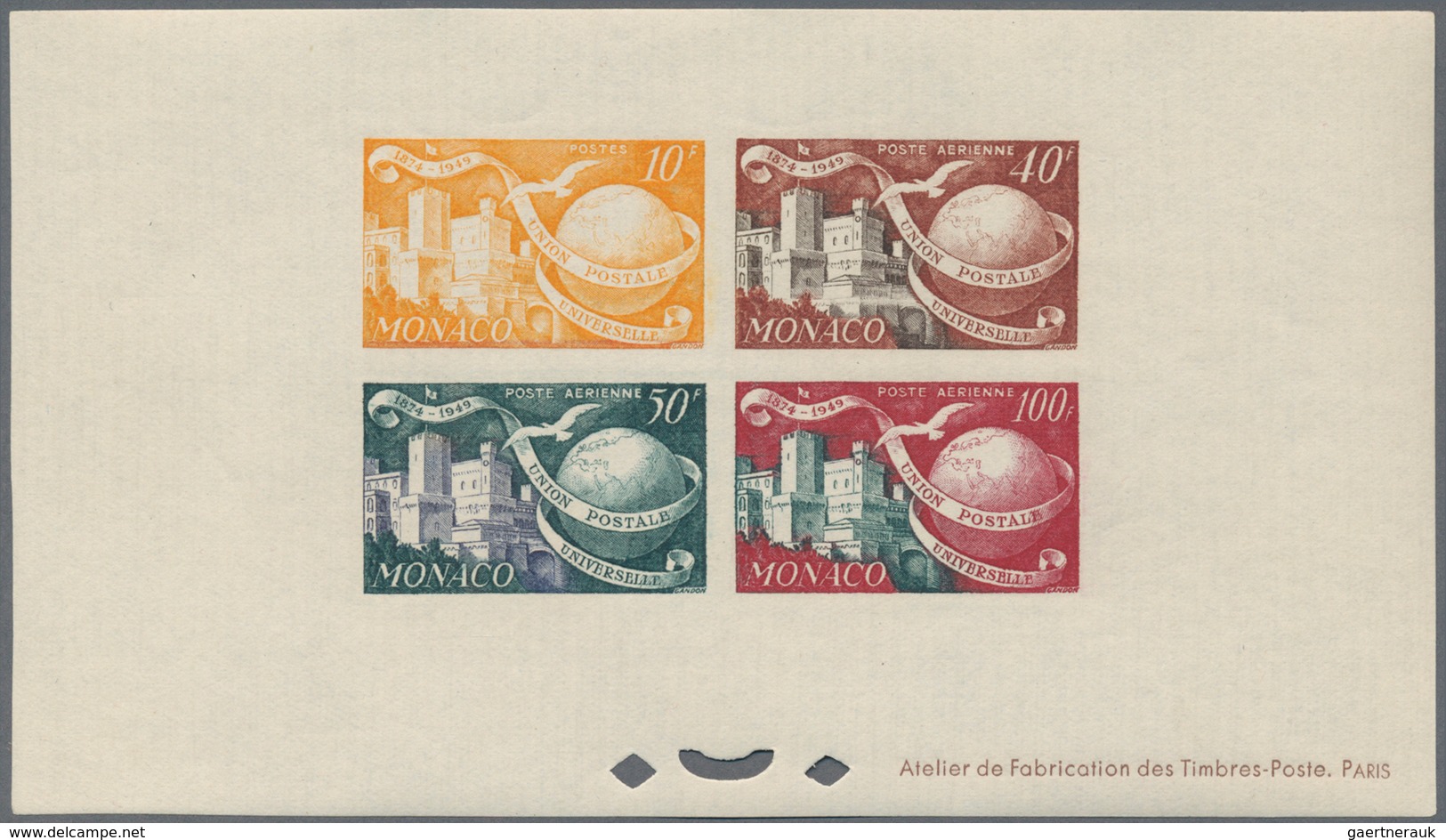 Monaco: 1949, 75 years UPU lot of MNH epreuve d'artiste imperforated and perfortated: 5f., 15f. and
