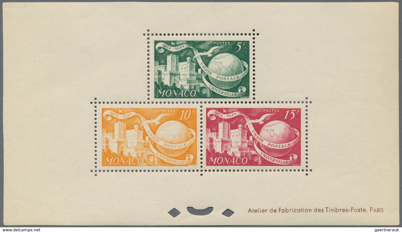 Monaco: 1949, 75 years UPU lot of MNH epreuve d'artiste imperforated and perfortated: 5f., 15f. and