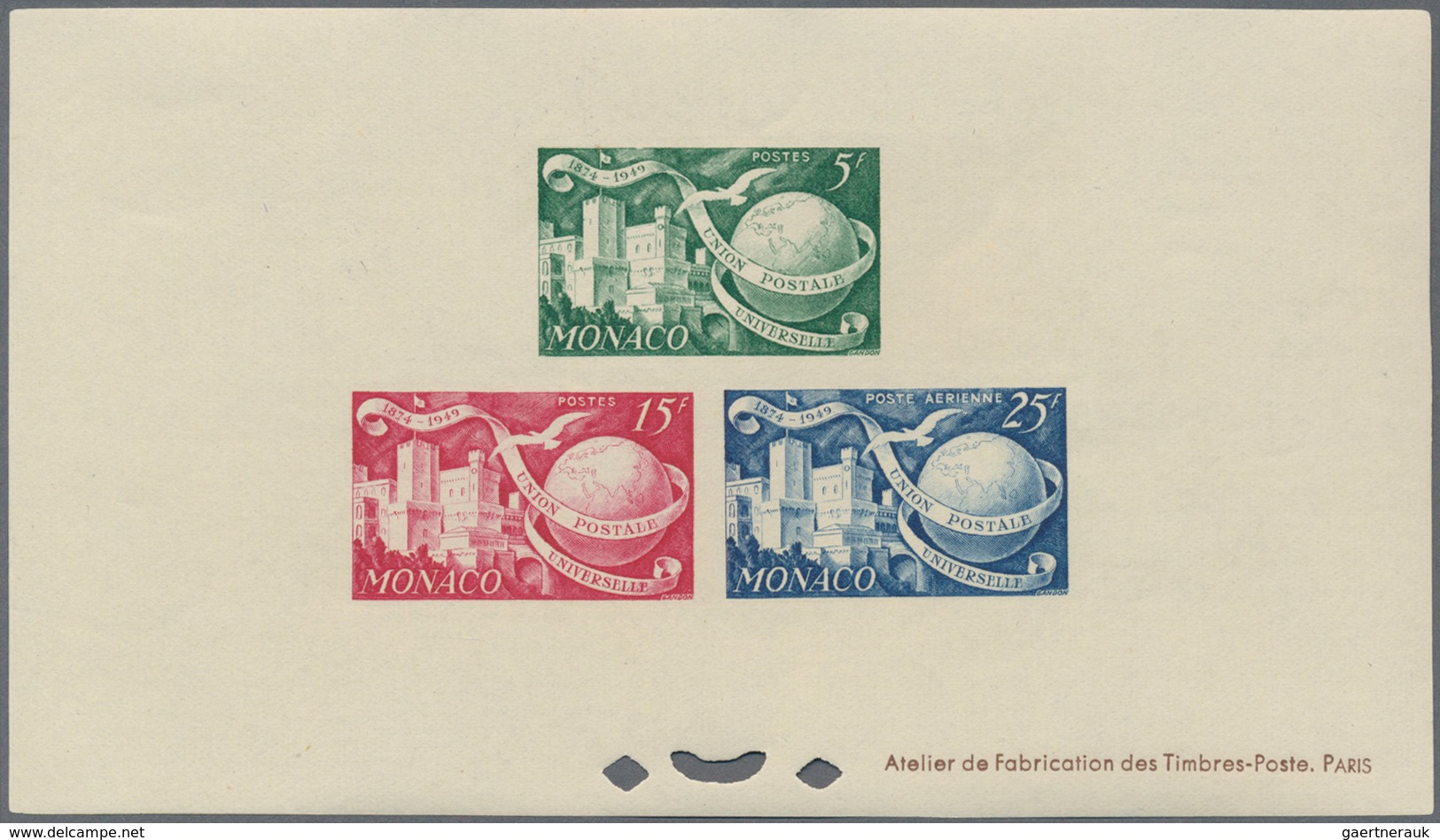 Monaco: 1949, 75 years UPU lot of MNH epreuve d'artiste imperforated and perfortated: 5f., 15f. and