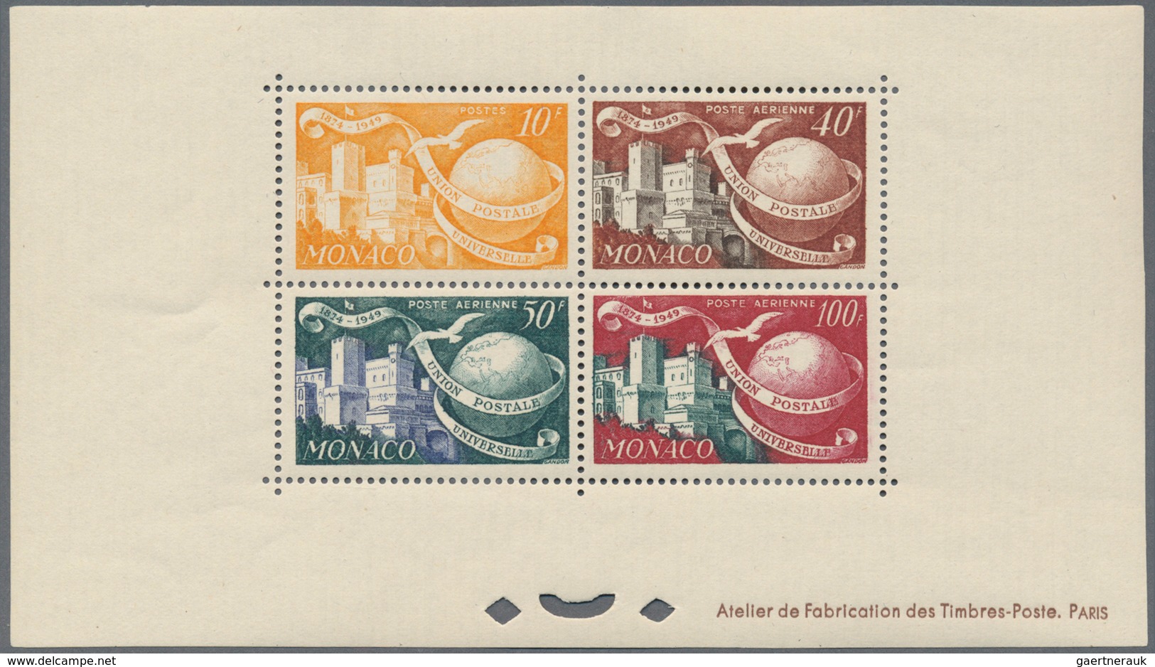 Monaco: 1949, 75 years UPU lot of MNH epreuve d'artiste imperforated and perfortated: 5f., 15f. and