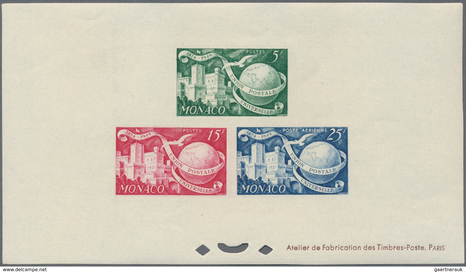 Monaco: 1949, 75 years UPU lot of MNH epreuve d'artiste imperforated and perfortated: 5f., 15f. and