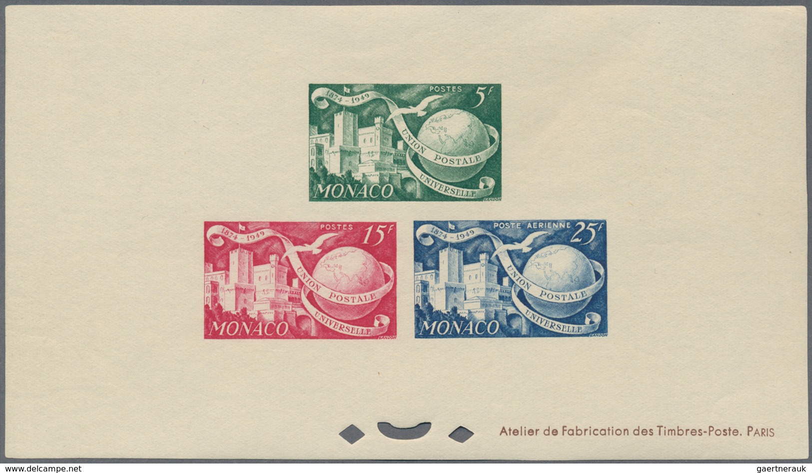 Monaco: 1949, 75 years UPU lot of MNH epreuve d'artiste imperforated and perfortated: 5f., 15f. and