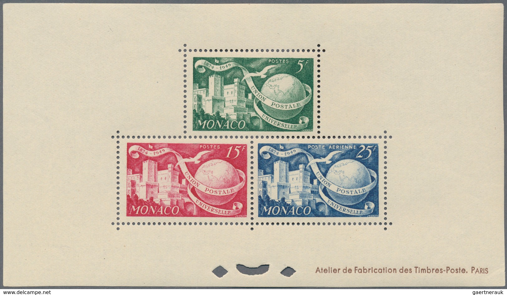 Monaco: 1949, 75 years UPU lot of MNH epreuve d'artiste imperforated and perfortated: 5f., 15f. and