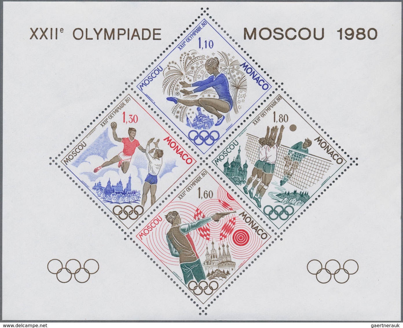 Monaco: 1980, 1,10 To 1,80 F. Olympic Games 1980 Moscow SPEACIAL SOUVENIR SHEET Perforated, 100 Copi - Neufs
