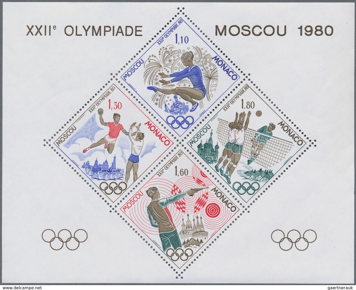 Monaco: 1980, 1,10 To 1,80 F. Olympic Games 1980 Moscow SPEACIAL SOUVENIR SHEET Perforated, Ten Copi - Neufs