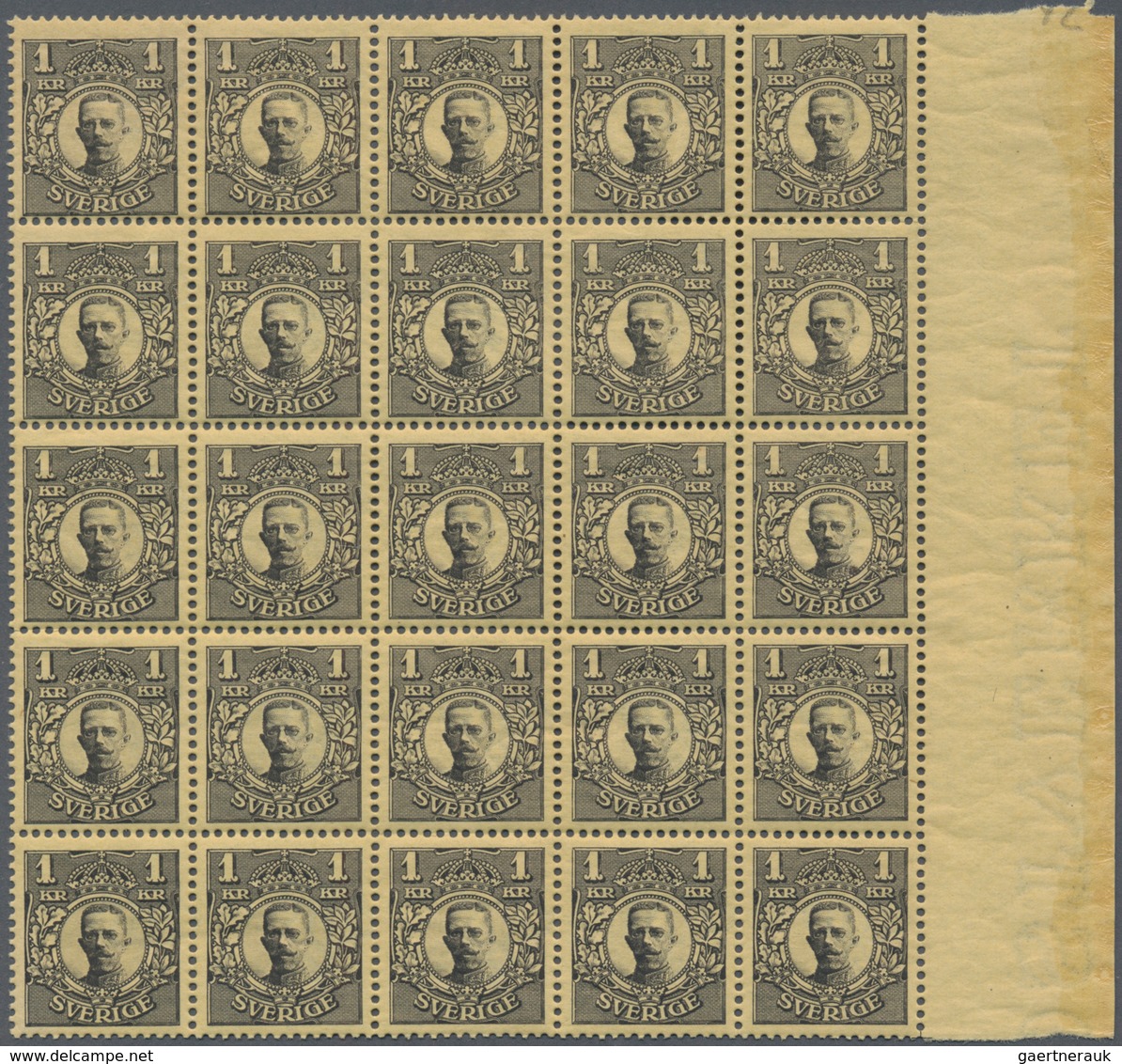 Schweden: 1919, Definitives King Gustaf, 1kr. Black On Yellow, Right Marginal Block Of 25, Mint Neve - Covers & Documents