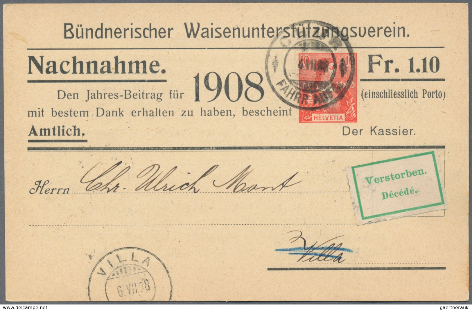 Schweiz - Privatganzsachen: 1908, Bestand Von 47 Gebrauchten Nachnahme-Privatganzsachen 10 Rp. Helve - Entiers Postaux