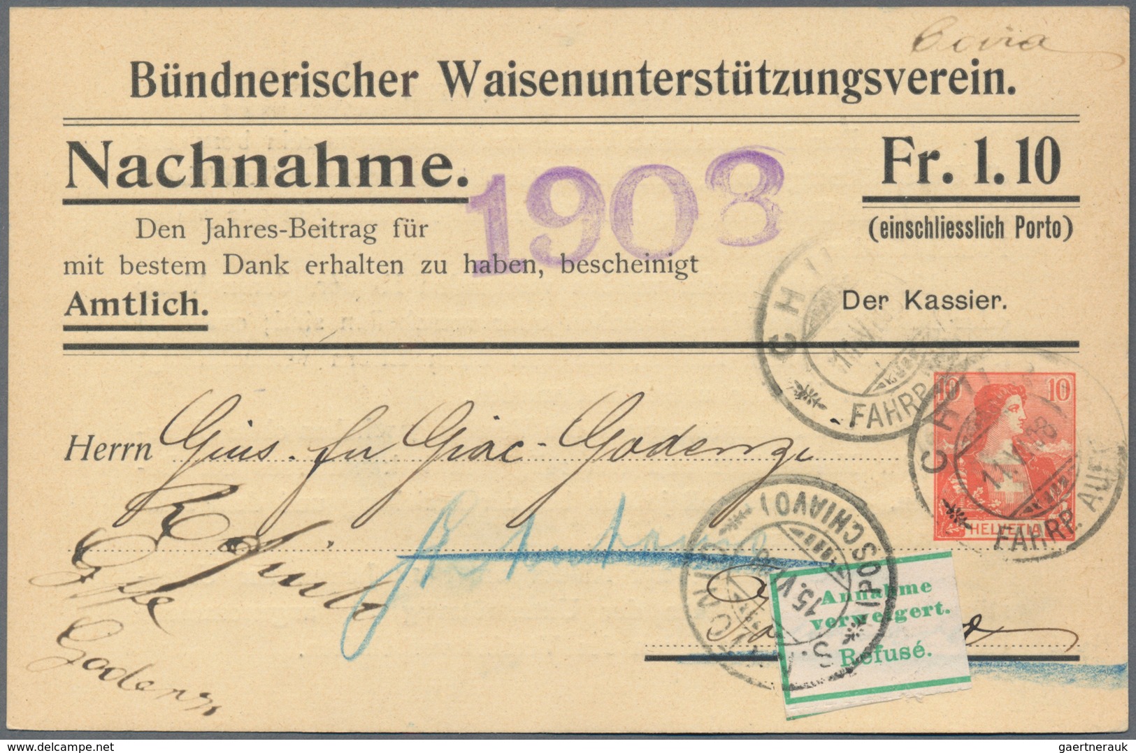 Schweiz - Privatganzsachen: 1908, Bestand Von 47 Gebrauchten Nachnahme-Privatganzsachen 10 Rp. Helve - Ganzsachen