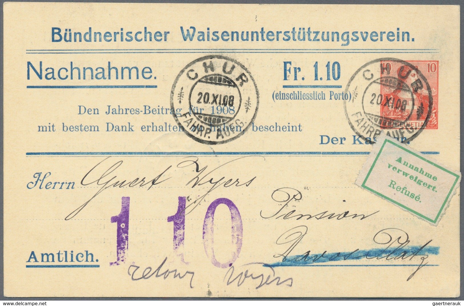 Schweiz - Privatganzsachen: 1908, Bestand Von 47 Gebrauchten Nachnahme-Privatganzsachen 10 Rp. Helve - Ganzsachen