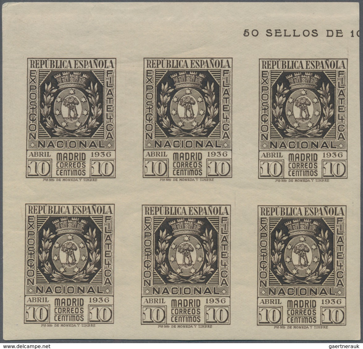 Spanien: 1936, Philatelic Exhibition, 10c. Brown-black An 15c. Green, Both Values In Top Marginal Bl - Neufs