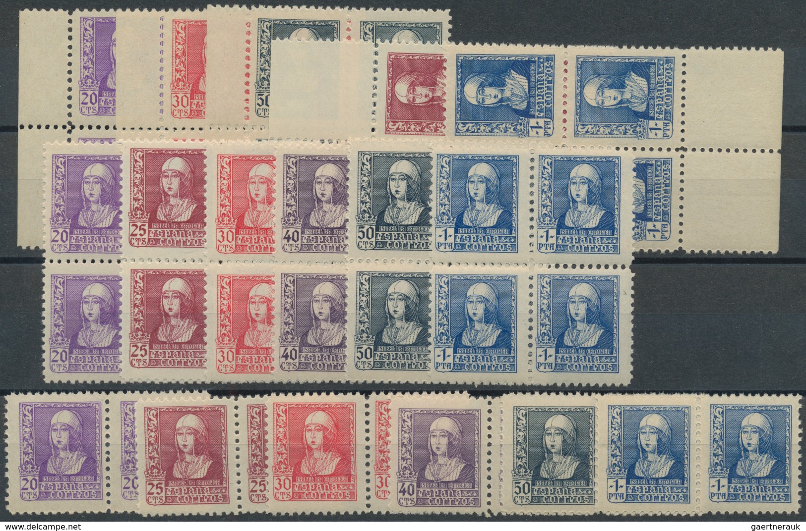 Spanien: 1938/1939, Definitives Queen Isabella I., 20c.-1pts., Ten Complete Sets (two Blocks Of Four - Unused Stamps