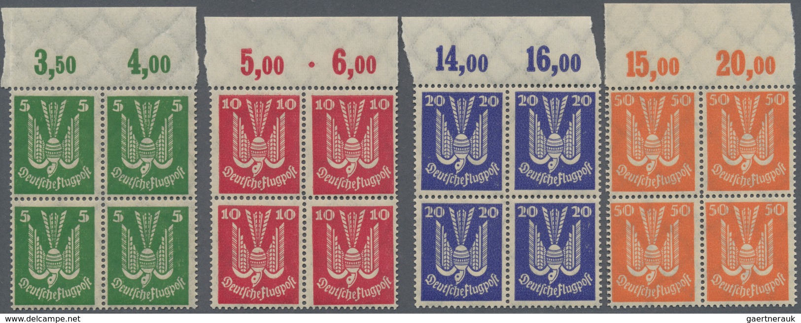 Deutsches Reich - Weimar: 1924, Flugpost Holztaube In Oberrand-4er-Blocks, Postfrisch. MiNr. 344/50 - Collections