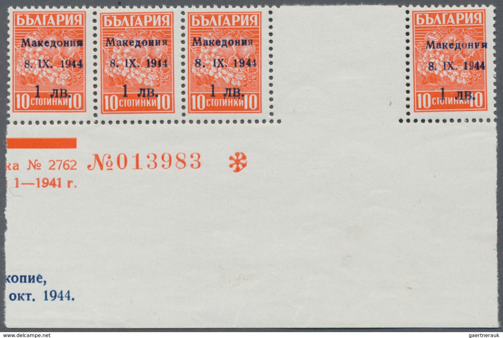 Dt. Besetzung II WK - Mazedonien: 1944, 1 L. Auf 10 St. Rotorange Und 3 L. Auf 15 St. Blau, Engros-B - Occupation 1938-45