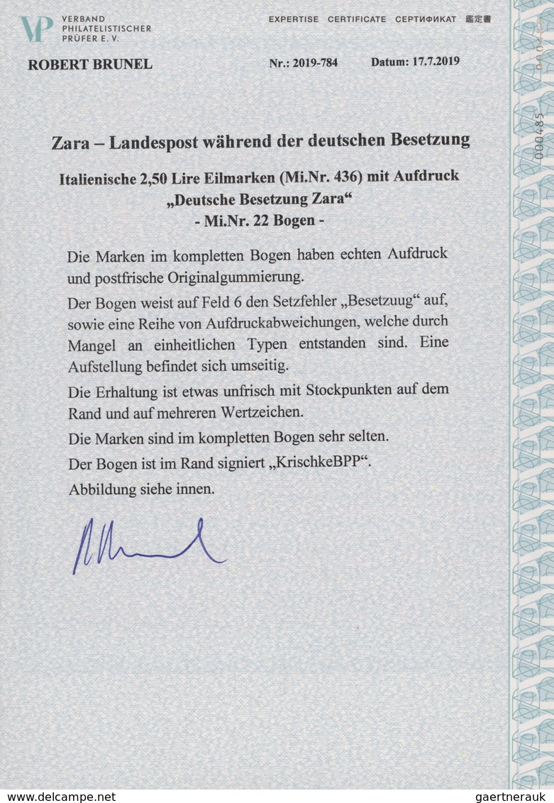 Dt. Besetzung II WK - Zara: 1943, 2,50 L Eilmarke Mit Aufdruck "Deutsche Besetzung Zara", Kompletter - Occupation 1938-45