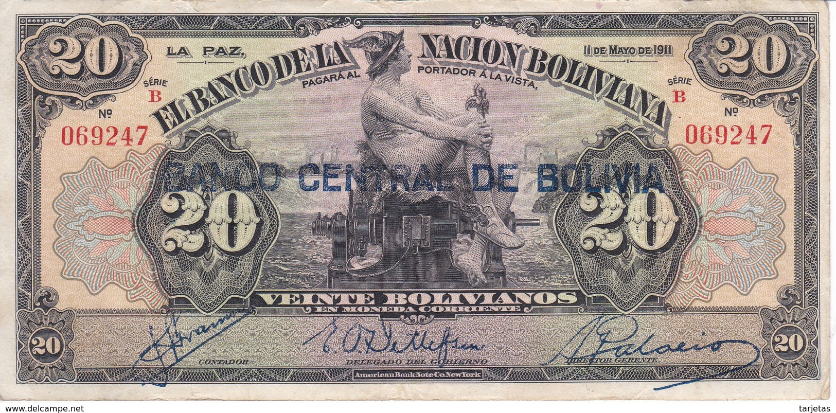 BILLETE DE BOLIVIA DE 20 BOLIVIANOS DEL AÑO 1911 SERIE B (BANKNOTE) - Bolivië