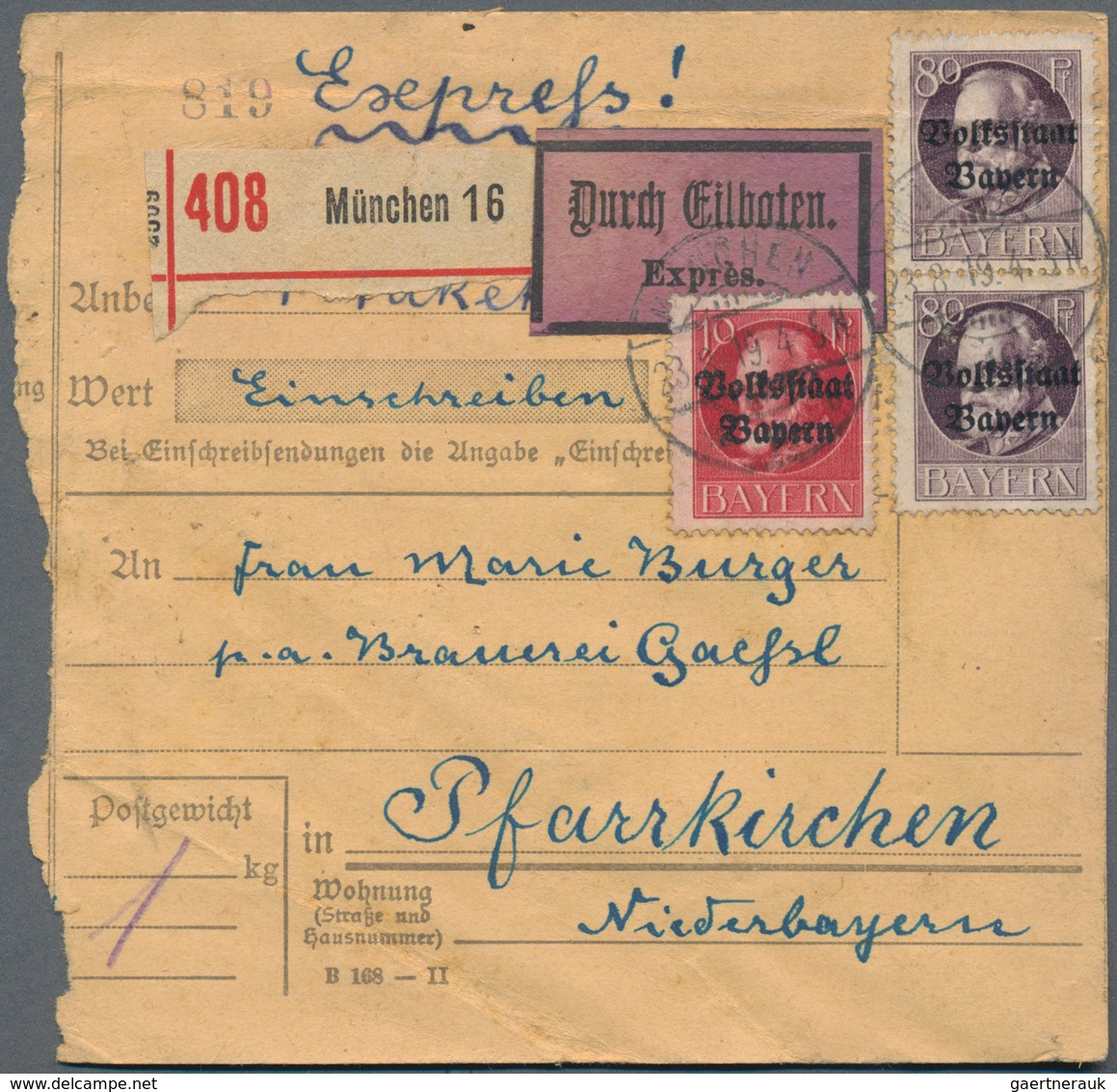 Bayern - Marken Und Briefe: 1913-1920, Partie Mit 230 Paketkarten, Dabei Express, Überdruck-Ausgaben - Autres & Non Classés