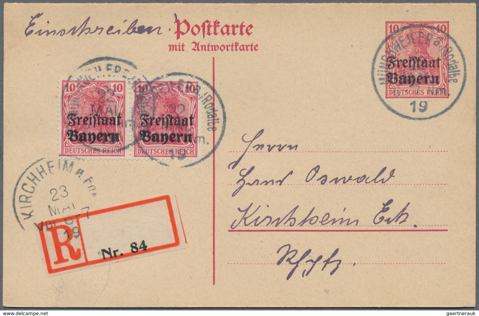 Bayern - Ganzsachen: 1919, 22.5.-30.5., Doppelkarte 10 Pfg. Germania-Freistaat, Fünf Stück Je Mit Zu - Autres & Non Classés