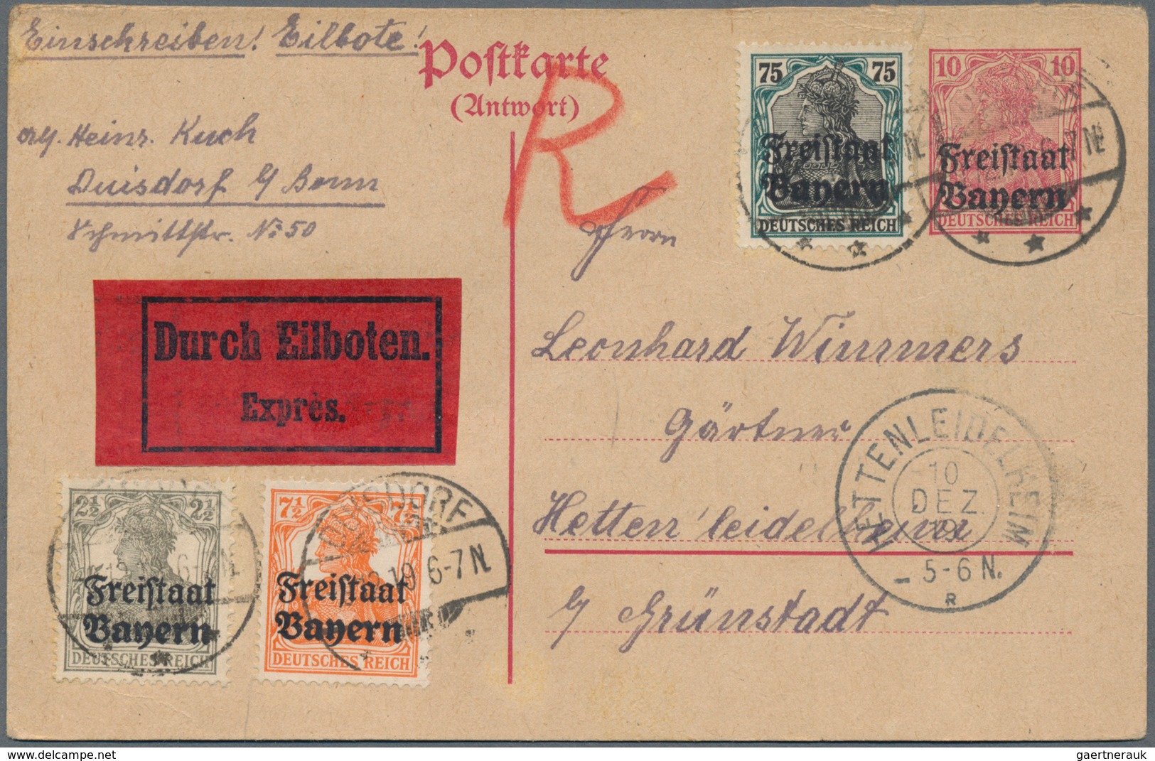 Bayern - Ganzsachen: 1919, 9.12.-16.12., Antwortkarte 10 Pfg. Germania-Freistaat, Vier Stück Je Mit - Autres & Non Classés