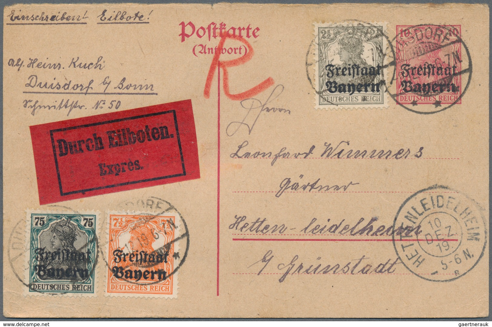 Bayern - Ganzsachen: 1919, 9.12.-16.12., Antwortkarte 10 Pfg. Germania-Freistaat, Vier Stück Je Mit - Autres & Non Classés