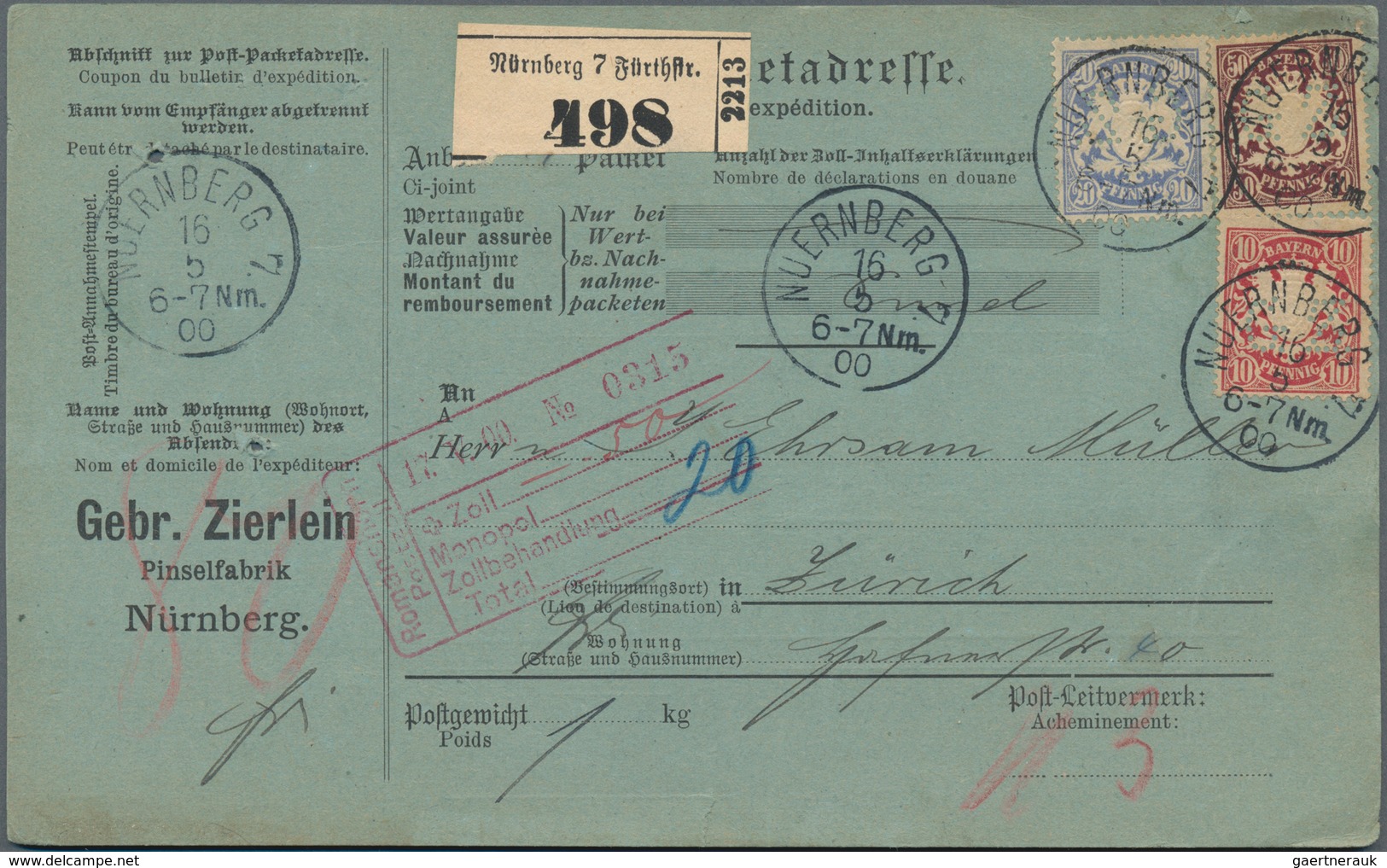 Bayern - Paketkarten: 1895/1918, Partie von acht Auslandspaketkarten (fünfmal Schweiz, zweimal Türke