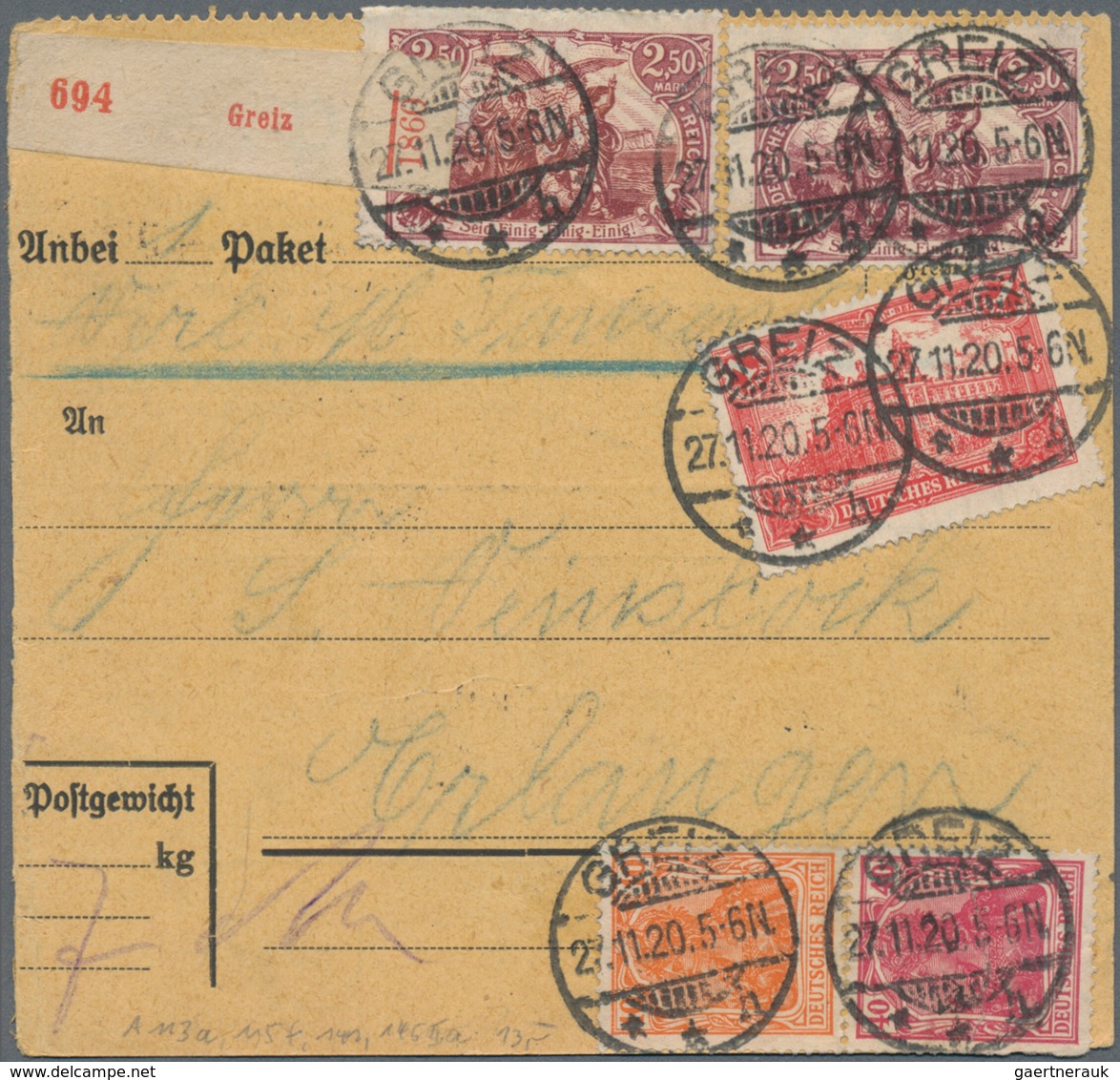 Deutsches Reich - Germania: 1919/1922 (dabei 2 Stücke aus 1891). Lot von 13 meist besseren Paketkart