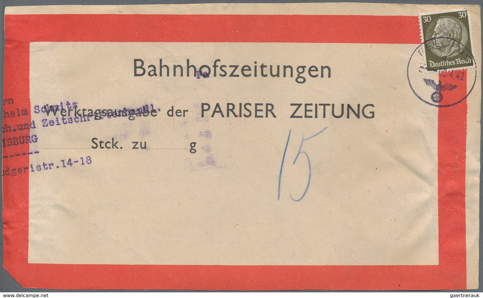 Deutsches Reich - 3. Reich: 1942: Fünf Adress-Aufkleber Für Bahnhofszeitungen, Alle Für Die 'Pariser - Lettres & Documents