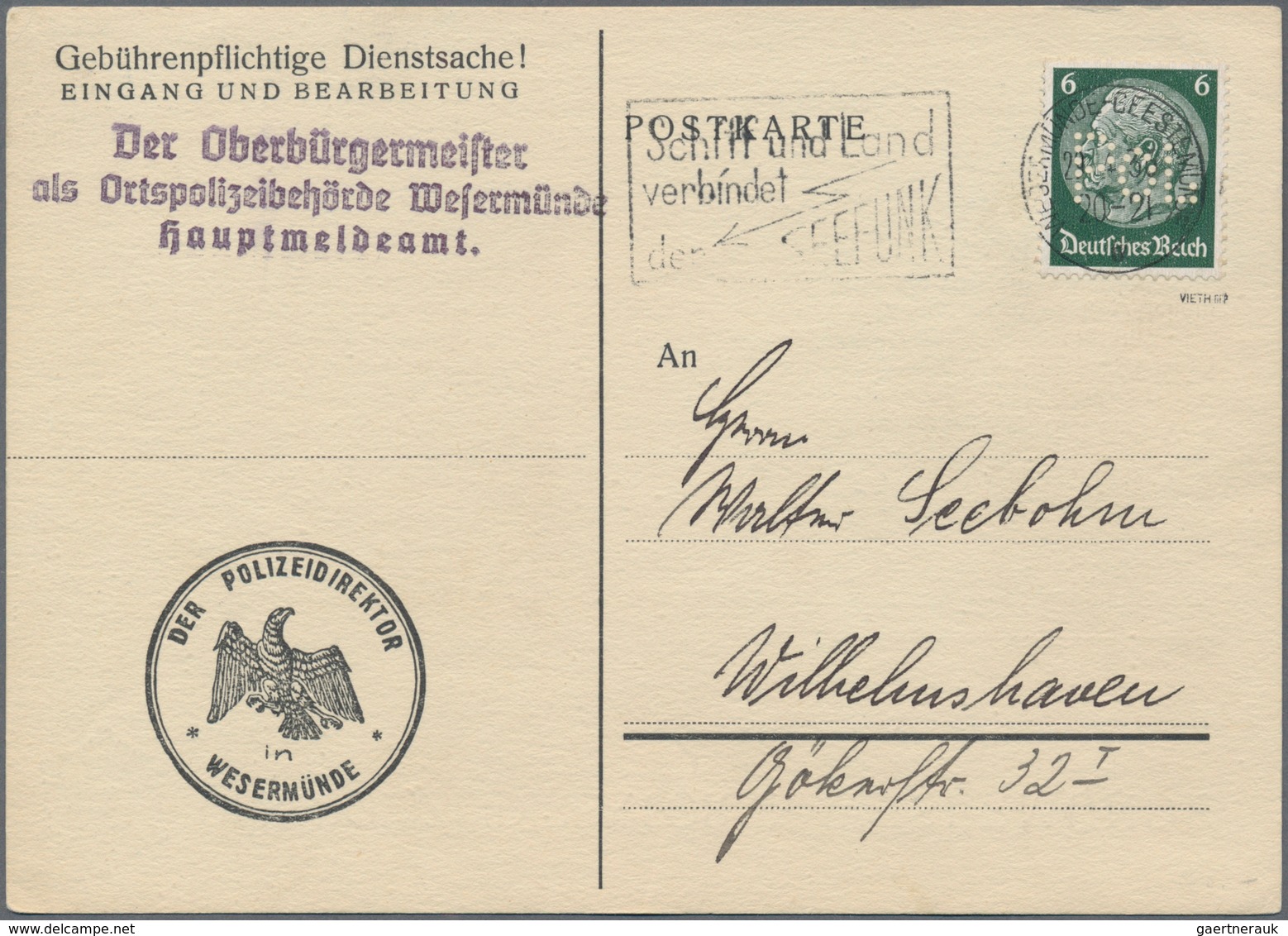 Deutsches Reich - POL-Lochungen: 1936/1938. Lot Mit 4 Verschiedenen Belegen. Dabei Sind: WALDENBURG - Service