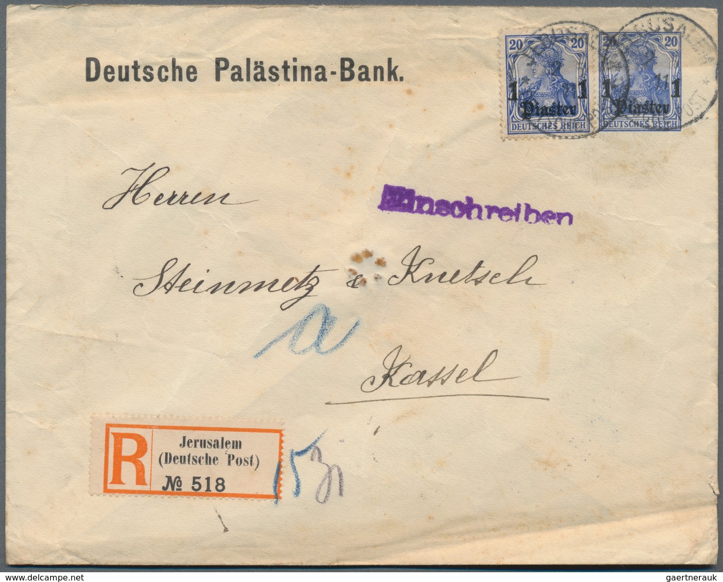 Deutsche Post In Der Türkei: 1902/1911, Lot Von Vier Bedarfsbelegen Der Deutschen Palästina-Bank, Da - Deutsche Post In Der Türkei