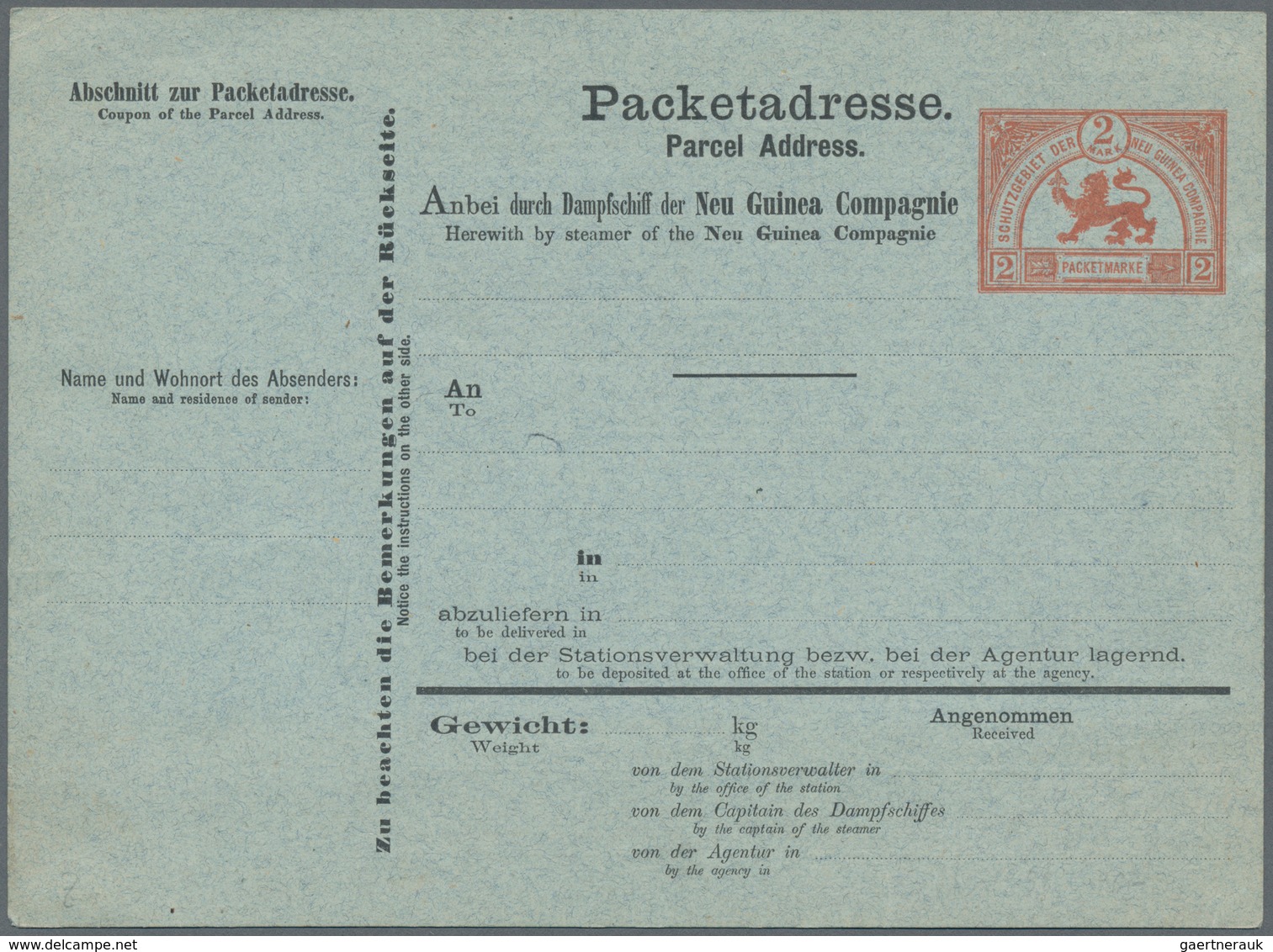 Deutsch-Neuguinea: 1888/1916, Lot Von Acht Belegen, Dabei Ungebrauchte Paketkarte Der "Neu Guinea Co - Nouvelle-Guinée