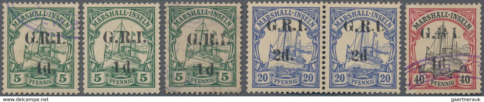Deutsche Kolonien - Marshall-Inseln - Britische Besetzung: 1914/1915, Lot Of Five Stamps Showing Var - Marshall-Inseln