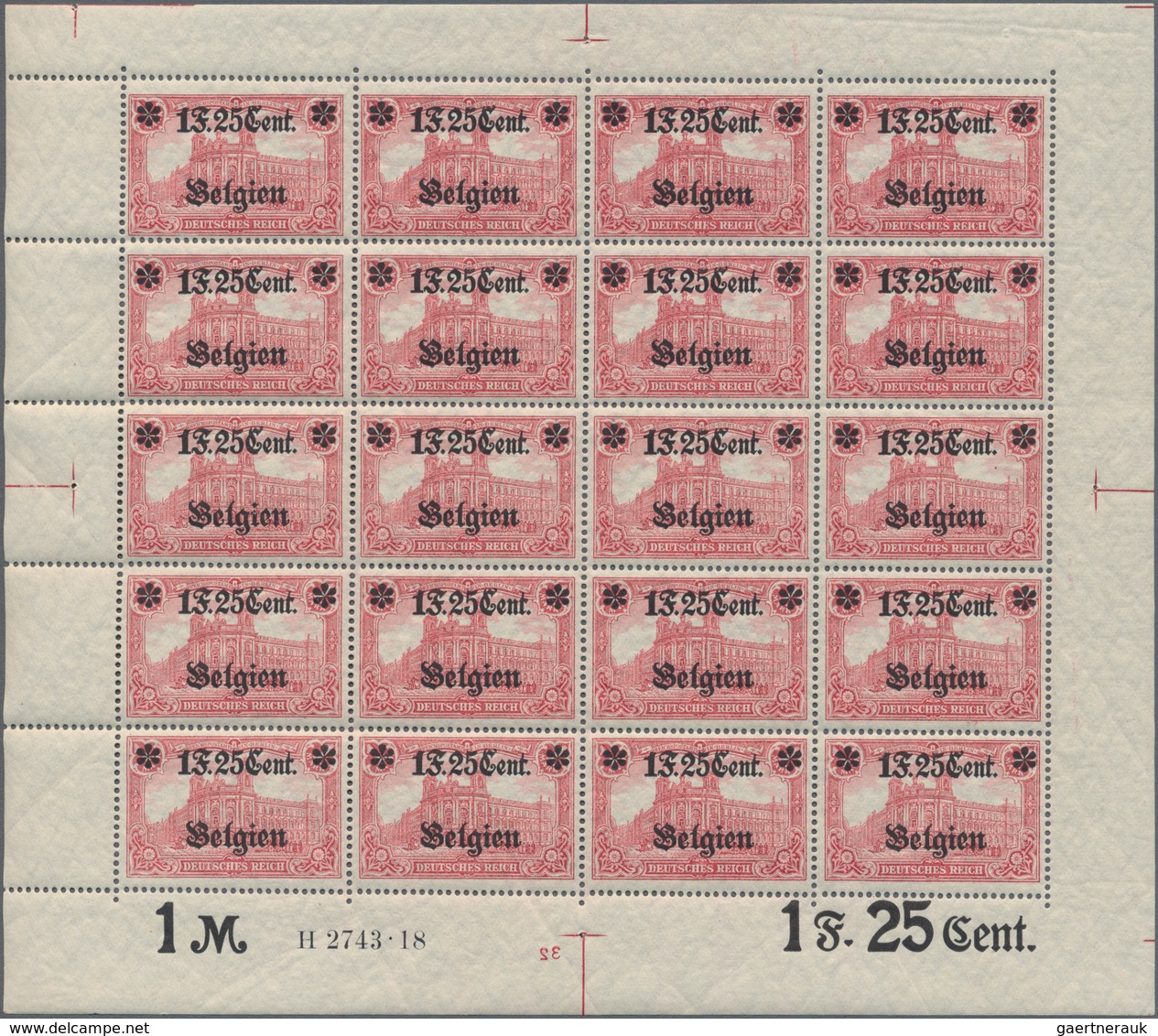 Deutsche Besetzung I. WK: Landespost In Belgien: 1918, 1 F. 25 Cent Auf 1 Mark Karminrot, Wertangabe - Occupation 1914-18