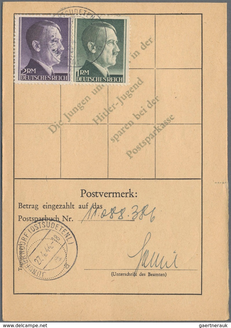Sudetenland: 1944: Zehn HJ-Postsparkarten Mit Hitler-Frankaturen Zu 3 RM, Alle Mit Stempeln Aus Dem - Région Des Sudètes