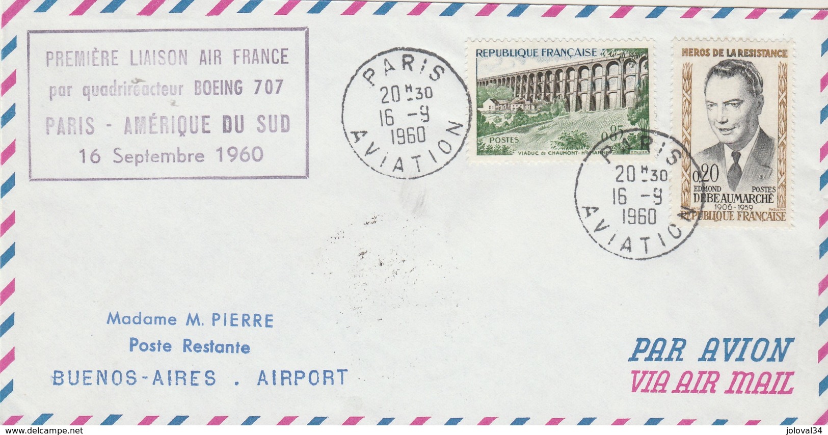 Première Liaison Aérienne AIR FRANCE Par Boeing 707 PARIS - AMERIQUE Du SUD  16/9/1960 Verso Cachet Illustré Ezeiza BA - First Flight Covers