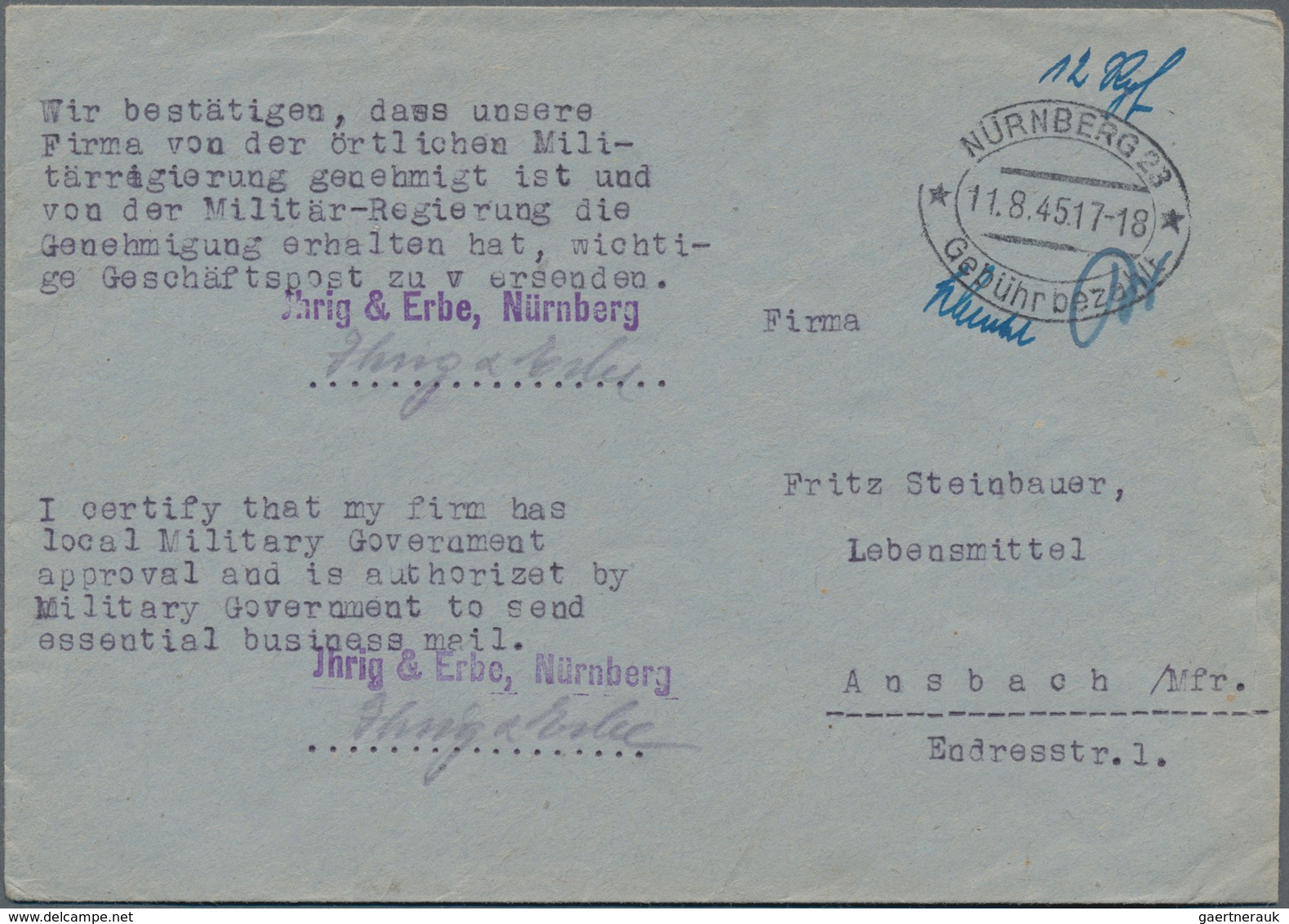 Alliierte Besetzung - Gebühr Bezahlt: 1945/1948, meist 1945/1946, Partie von ca. 230 Briefen/Karten