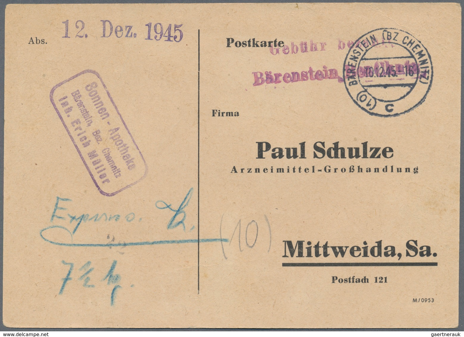 Alliierte Besetzung - Gebühr Bezahlt: Sowjetische Zone: 1945/1948, Sachsen Plz 10b, saubere Partie v