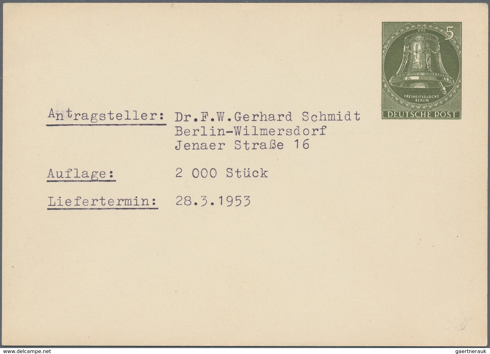 Berlin: 1951 - 1959, Posten Von über 50 Privat-Ganzsachenkarten Mit Der Ausgabe Glocke, Klöppel Link - Neufs