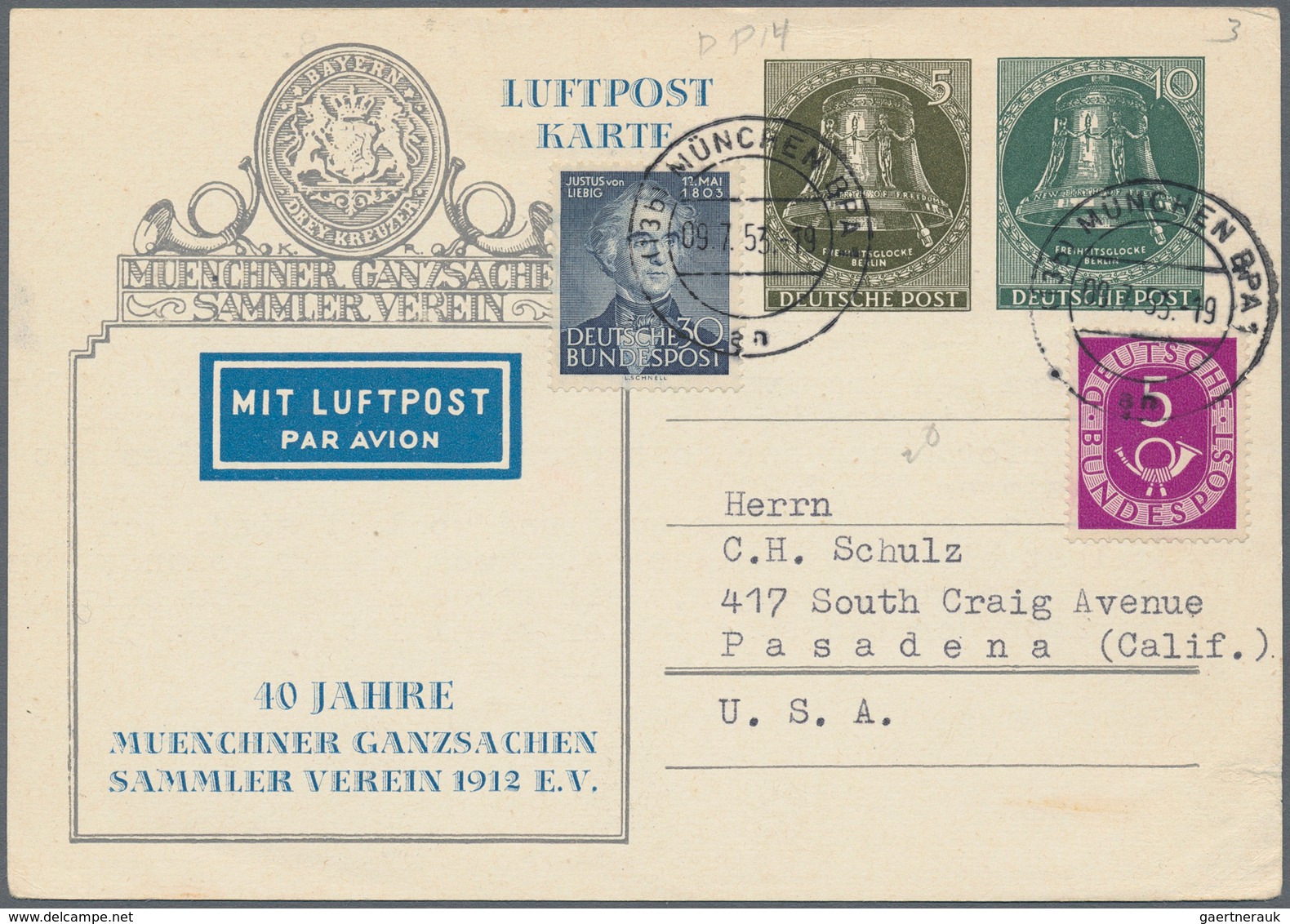 Berlin: 1951 - 1959, Posten von über 50 Privat-Ganzsachenkarten mit der Ausgabe Glocke, Klöppel link